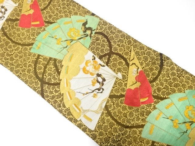 JAPANESE KIMONO / ANTIQUE NAGOYA OBI / WOVEN FOLDING FAN & UME